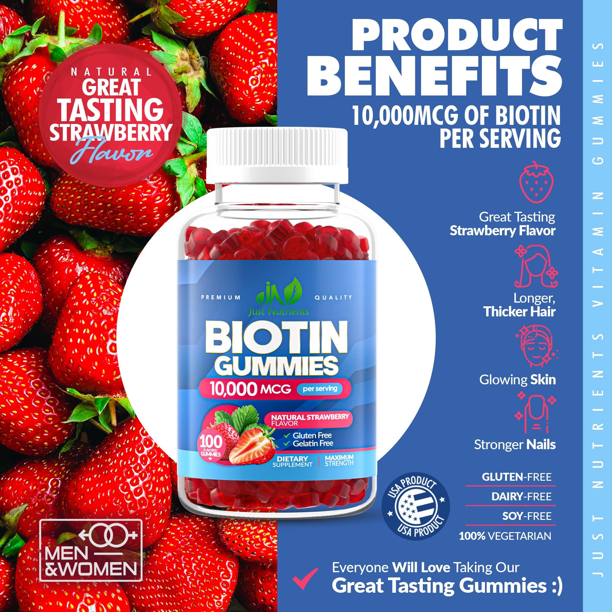 Just Nutrients Biotin 10,000mcg Gummies for Women & Men (100 Count) - 2x Extra Strength Biotin for Hair Growth, Skin & Nails - Gluten-Free, Vegan, Non-GMO, Great Tasting Strawberry Flavor - 100 Gummies