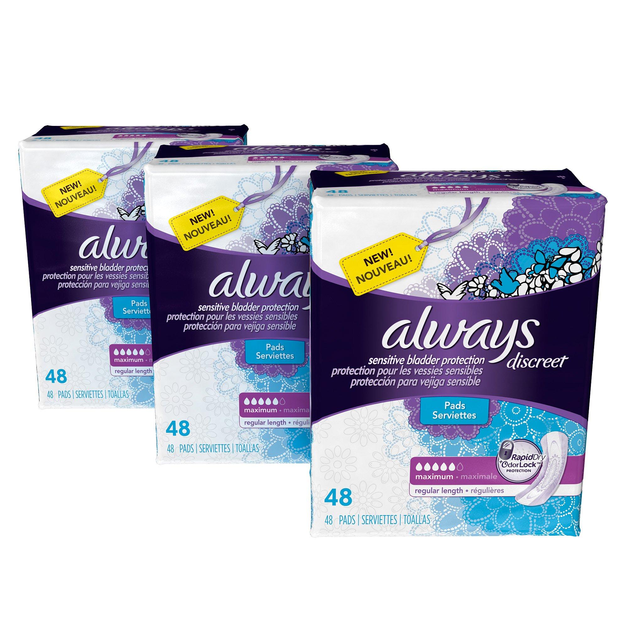 Always Discreet Always Discreet Incontinence Pads for Women, Maximum Absorbency, Regular Length, 144 count (Packaging May Vary)