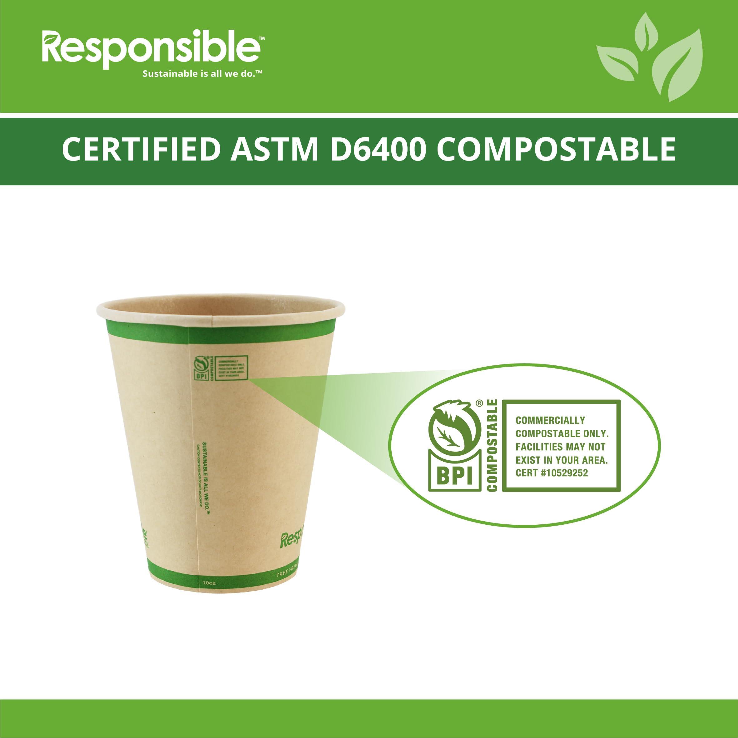 Responsible Products Responsible Products 10 oz Paper Hot Cups, Tree-Less Compostable Paper Coffee Cups, Extra Strength, Tree-Free and Made Without PFAS, Natural Brown (1000 Count)