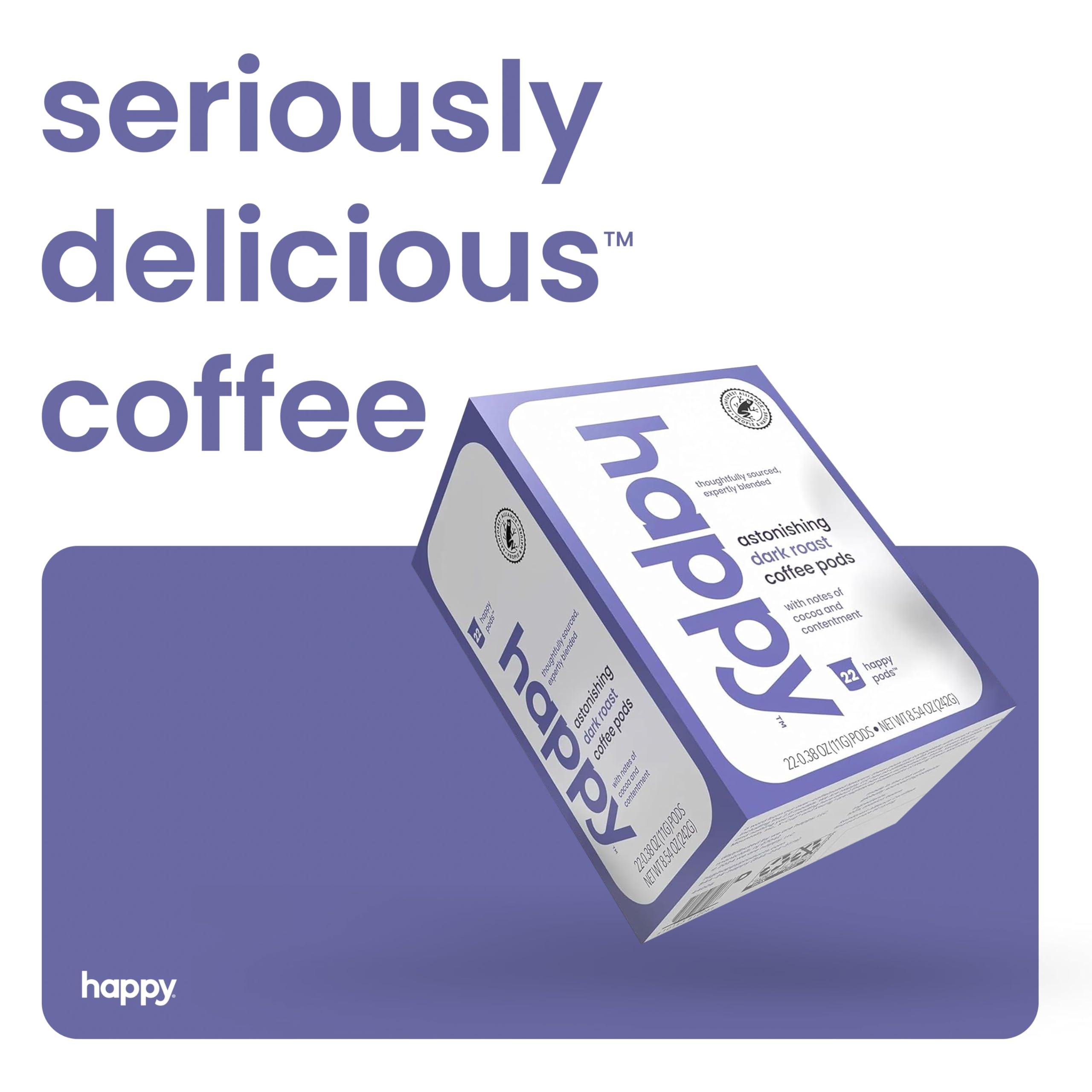 We Are Happy, LLC happy coffee dark roast coffee pods, 10 count, notes of cocoa & contentment, compatible with most K-cup brewers, rainforest alliance certified