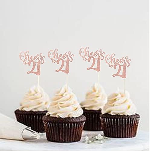 ZHUOWEISM 36 PCS Cheers to 21 Cupcake Toppers Glitter 21th birthday Cupcake Picks Decorations for 21th Wedding Anniversary Birthday Party Supplies Rose Gold
