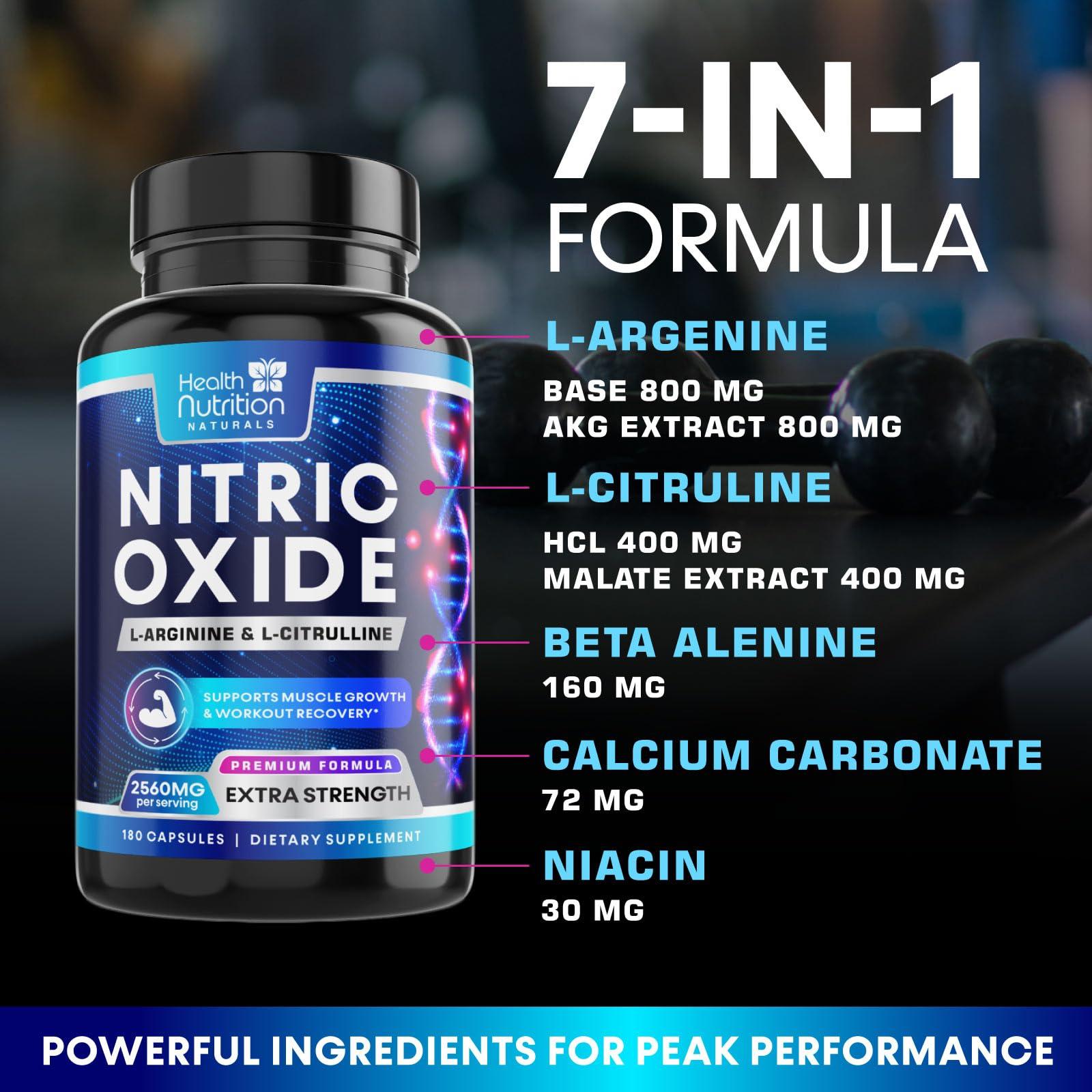Health Nutrition Naturals Extra Strength Nitric Oxide Supplement L Arginine 3X Strength - Citrulline Malate, AAKG, Beta Alanine - Premium Muscle Supporting Nitric Booster for Energy & Strength to Train Harder - 180 Capsules