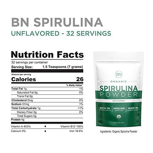 BNLABS BNLABS Spirulina Powder Organic 225g - 64 Servings 3.5g Serving Size - USDA Certified - RAW Nutrient Dense Over 70% Protein Per Serving - Purest Source Vegan Protein - Superfood