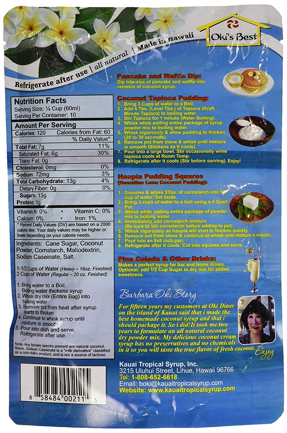 Hawaii\'s Best Hawaii\'s Best Tropical Coconut Syrup Two Pack (8 oz each) - Instant Coconut Syrup Mix, Just Add Water - Great for Pancakes, Hawaiian Haupia, French Toast, Pina Coladas - Each Bag Makes 20 oz