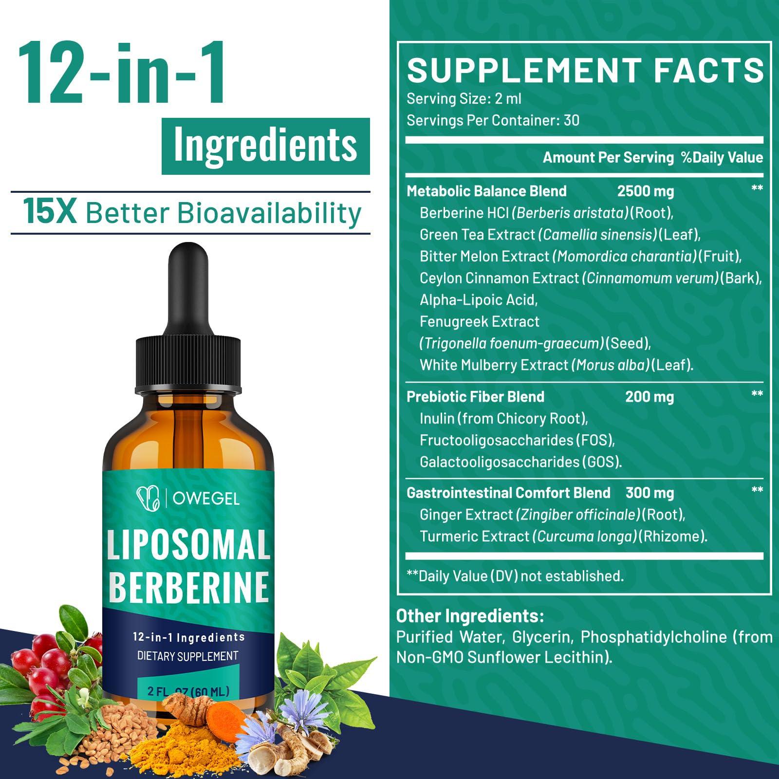 owegel owegel Berberine HCL Supplement 3000mg - Highly Absorbable Liposomal Berberine Liquid Drops - 12 in 1 Natural Ingredients - AMPK Activator - Supports Digestive - 2 Fl Oz