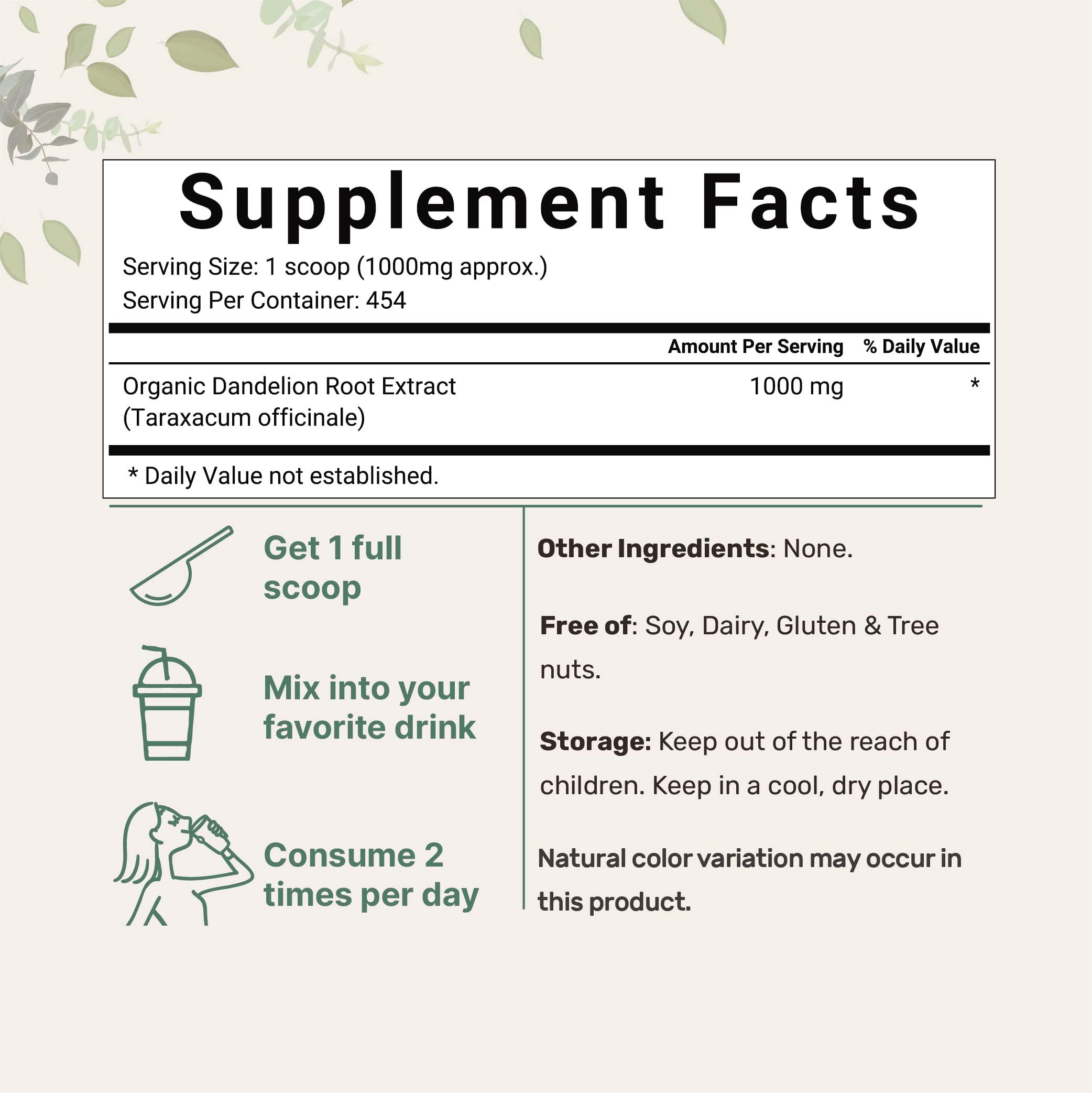 Micro Ingredients Organic Dandelion Root Tea Powder, 1lb (16oz) | Up to 450 Servings | Pure Dark Roasted Dandelion Root Supplement for Tea | Herbal Extract for Digestion & Immune Support | Caffeine Free, Non-GMO