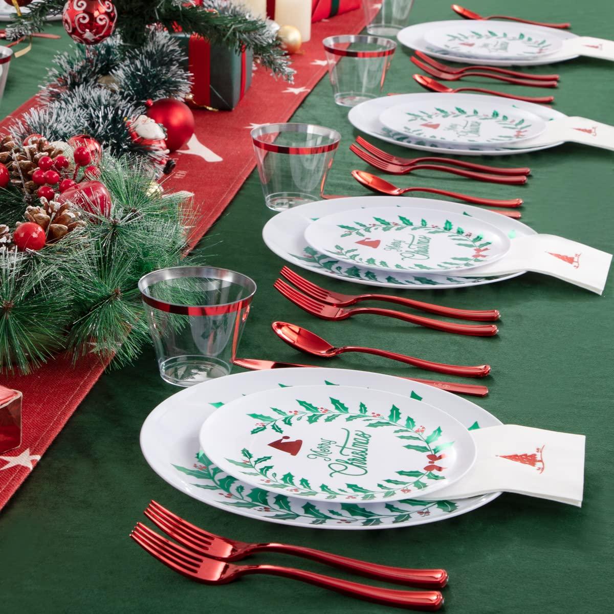 Liacere 175PCS Christmas plastic plates-White and Green Plates&Christmas Party Plates include 50 Christmas Plates 25 Cups 75 Plastic cutlery 25 Christmas Tree Napkins for Christmas