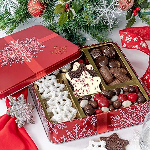 BONNIE AND POP Bonnie and Pop's Holiday Tin- with Assorted Christmas Chocolate, Nuts, Bark, Truffles – Festive, Corporate, Family, Gift Basket Idea for Men and Women
