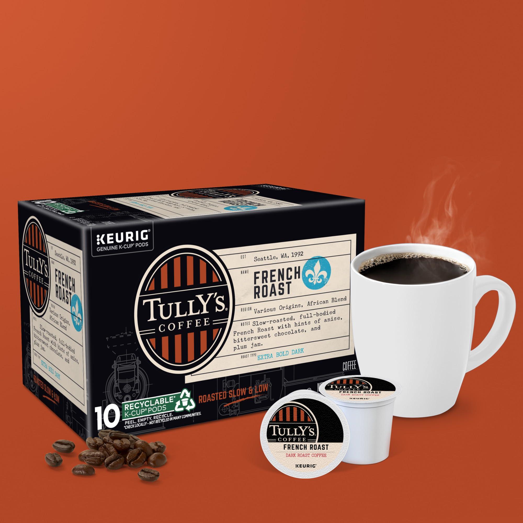 TULLY\'S Tully\'s Coffee French Roast, Keurig Single Serve K-Cup Pods, Dark Roast Coffee, 60 Count, (6 Packs of 10)
