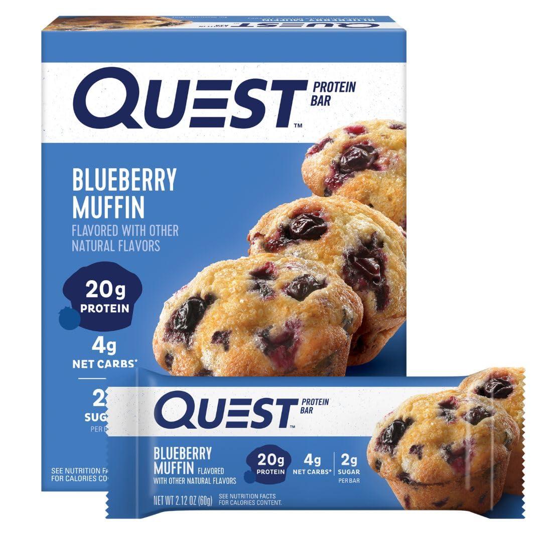 Quest Nutrition Quest Nutrition Blueberry Muffin Protein Bars, 20g Protein, 5g Net Carbs, 2g Sugar, Gluten Free, Keto Friendly, 4 Count