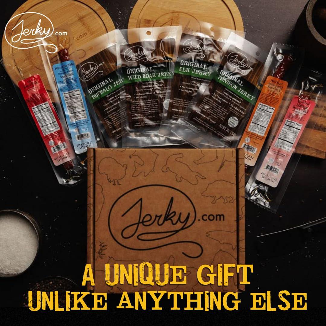 Jerky.com Exotic Jerky Gift Box for Men - 8 Piece Exotic Jerky & Meat Sticks Gift Set - Healthy Exotic Jerky Gift Box Includes Venison, Elk, Buffalo, and Wild Boar Jerky and Meat Sticks - Great Gifts For Men