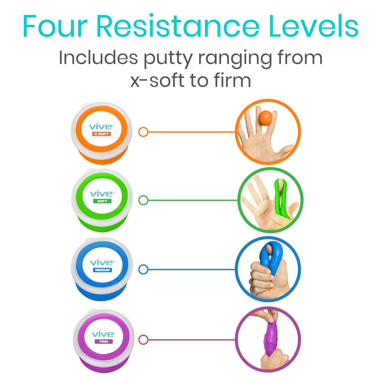 Vive Vive Exercise Putty (4-Pack) - Therapeutic, Occupational and Therapy Tool - Thinking and Stress - Finger, Hand Grip Strength Exercises - Extra Soft, Soft, Medium, Firm Sensory Kit - Squeezable Ball