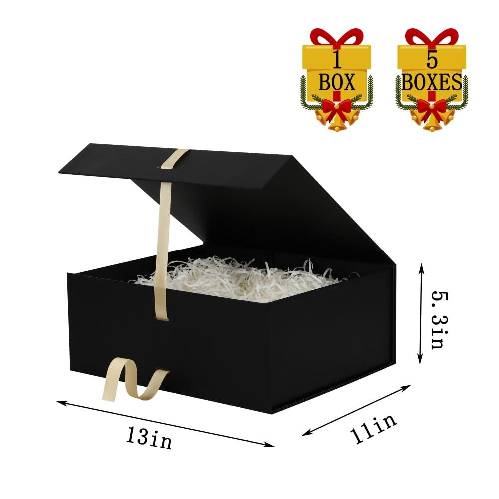 BoxSkivra Large Gift Boxes with Lids 5 Pack 13X11X5.3 Inch Large Black Gift Box with Ribbon Foldable Gift Boxes for Presents Easter Gift Box Groomsman Proposal Box Shredded Paper for Gift Box with Cards