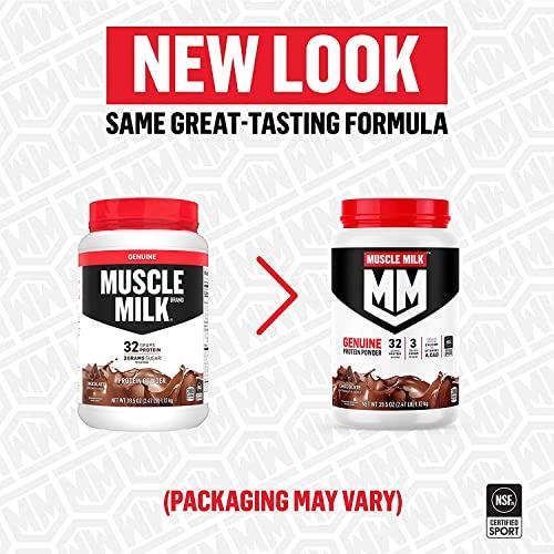 Muscle Milk Muscle Milk Genuine Protein Powder, Natural Chocolate, 2.47 Pound, 16 Servings, 32g Protein, 2g Sugar, Calcium, Vitamins A, C & D, NSF Certified for Sport, Energizing Snack, Packaging May Vary