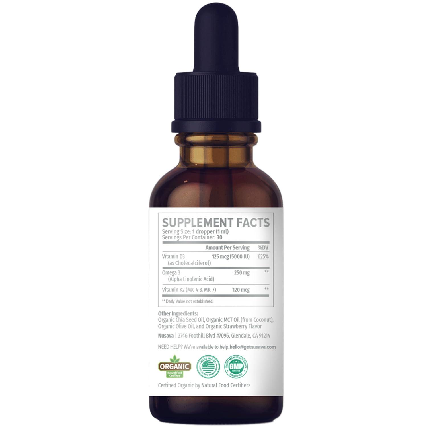 NUSAVA (2 Pack) Organic Vitamin D3 K2 Drops 5000 IU with MCT Oil Omega 3 - Maximum Strength Liquid D3 with No Fillers, Non-GMO for Faster Absorption, Immune Support (Strawberry, 2 Fl Oz)