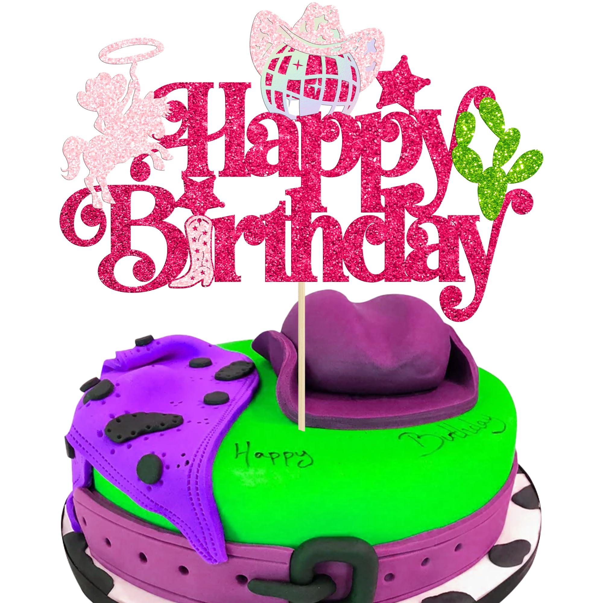 Ephlyn Ephlyn 1Pc Cowgirl Happy Birthday Cake Topper Glitter Western Cowgirl Birthday Cake Pick Hat Boot Disco Cowgirl Cake Decoration for Cowgirls Theme Women Birthday Party Decorations Supplies Pink