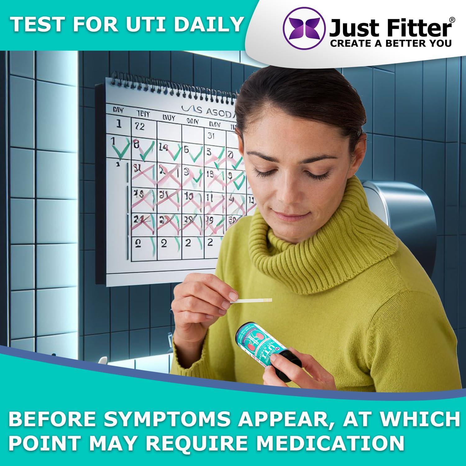 Just Fitter UTI Urine Test Strips. Urinary Tract Infection Strip. Simple, Fast and Accurate Results. Urinalysis Home Testing Stick Kit for Nitrite and Leukocytes.