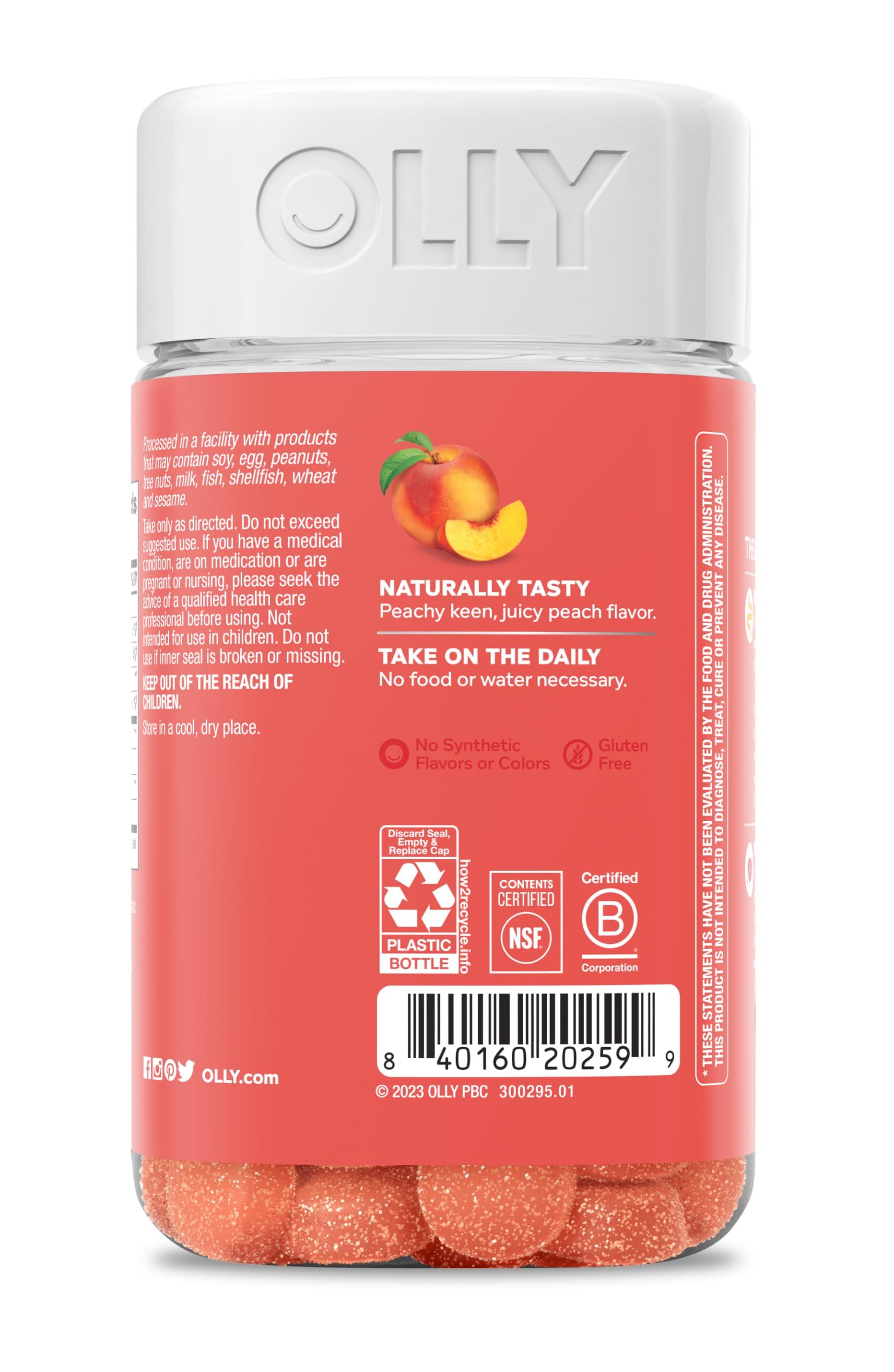 OLLY OLLY Probiotic + Prebiotic Gummy, Digestive Support and Gut Health, 500 Million CFUs, Fiber, Adult Chewable Supplement for Men and Women, Peach, 30 Day Supply - 60 Count