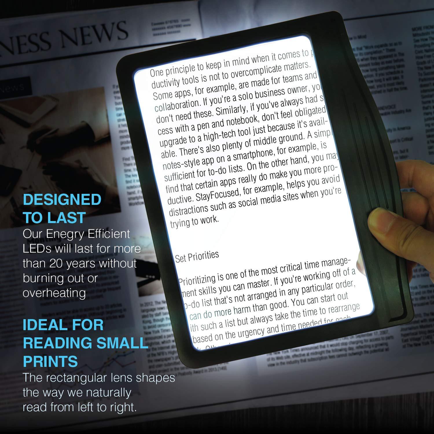 MagniPros See Things Differently MagniPros 5X Rechargeable Large Ultra Bright LED Page Magnifier with Anti-Glare Lens & 3 Fully Dimmable Light Modes, Relieve Eye Strain- Ideal for Reading Small Prints, Low Vision, Seniors