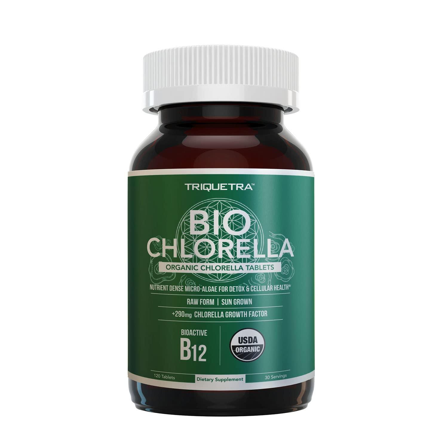 Triquetra Health Organic Chlorella: 3 Organic Certifications Broken Cell Wall Form, Blue Green Algae - Raw, Sun-Grown, Non-Irradiated, Maximum Nutrient & CGF (Chlorella Growth Factor) Levels - (120 Tablets)