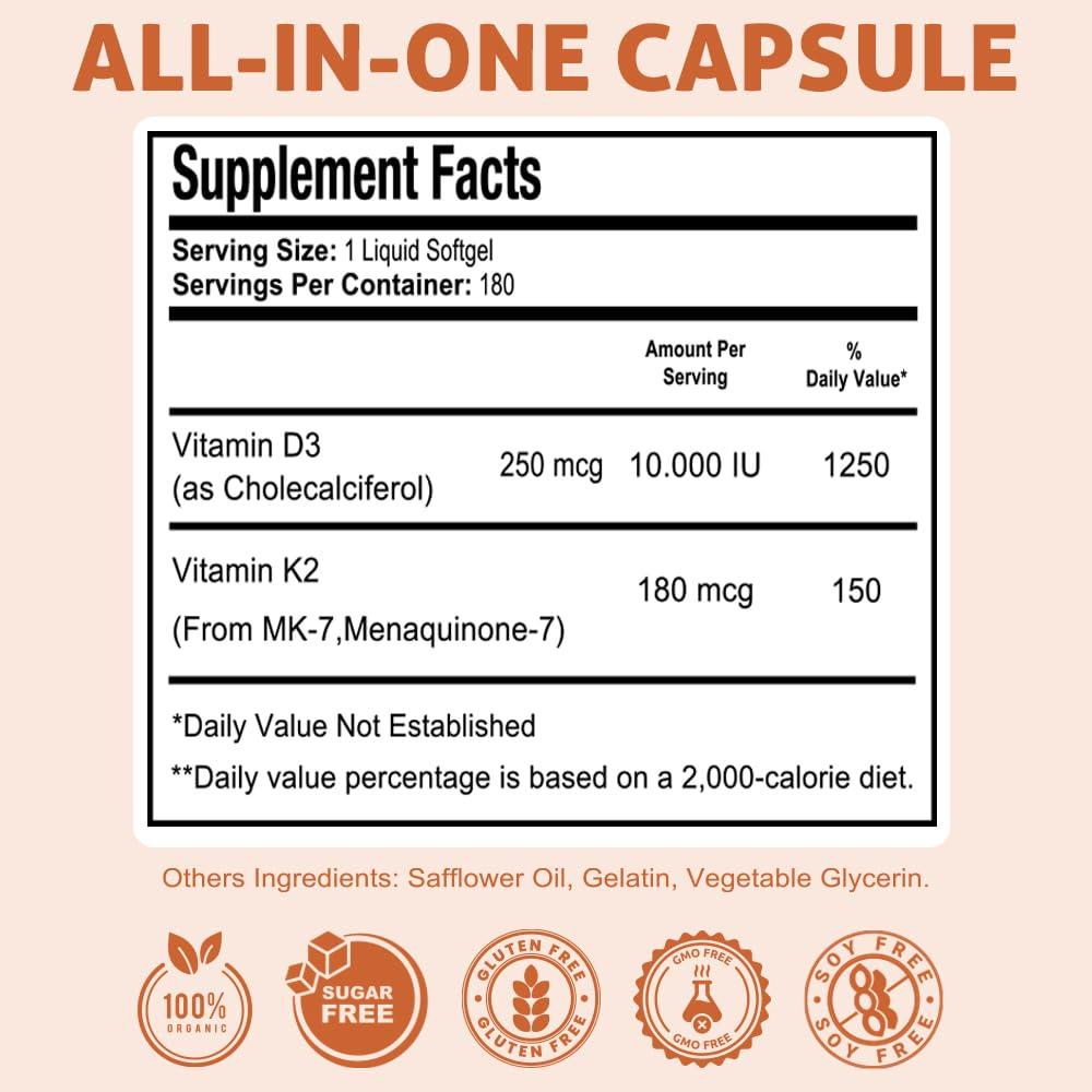 Health Dose Health Dose Vitamin D3 10,000 IU + K2 (MK7) Supplement, 2-in-1 Formula, Immune Support, a Healthy Mood, Heart, Joint, Teeth, Bone Health, Calcium Absorption, 180 softgels. (2)
