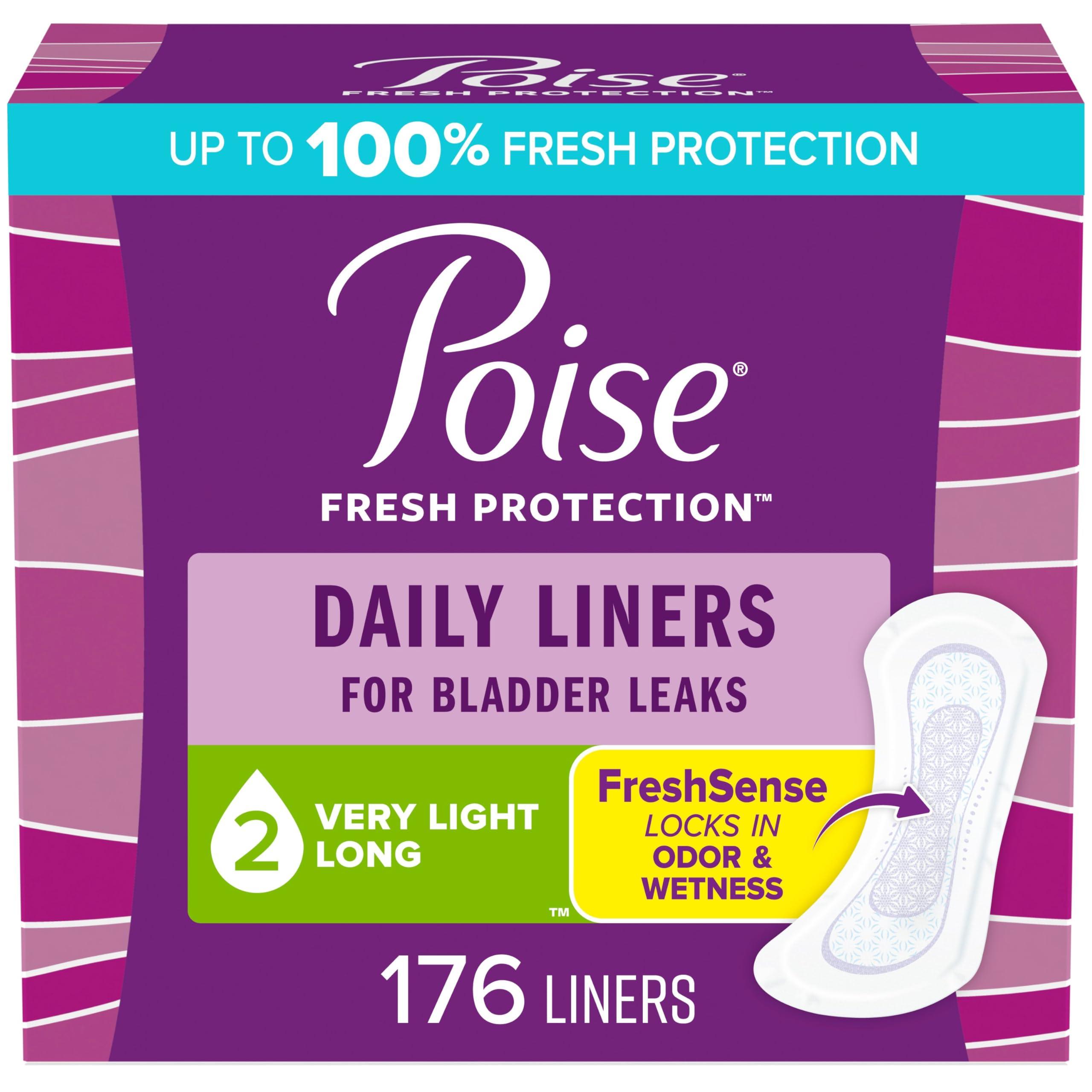 Poise Poise Daily Liners, Incontinence Panty Liners, 2 Drop Very Light Absorbency, Long Length, 176 Count of Pantiliners (4 Packs of 44), Packaging May Vary