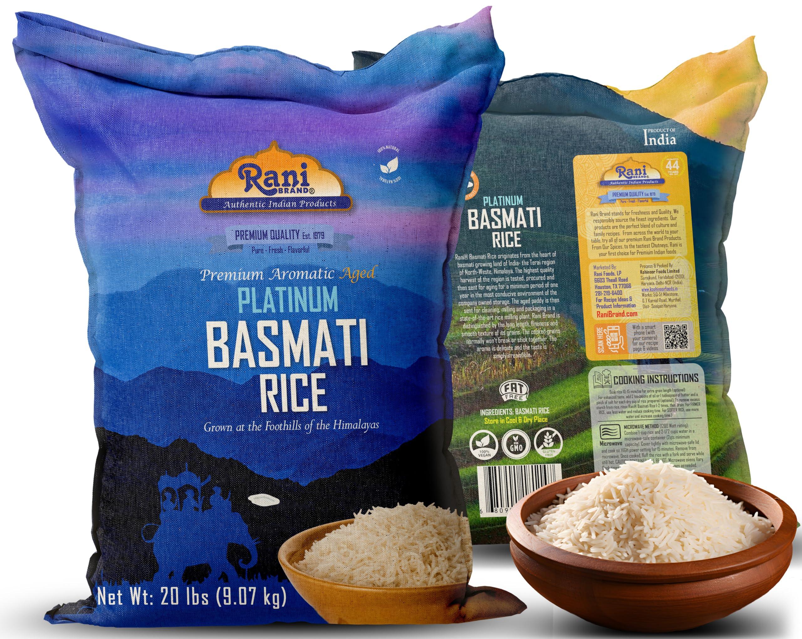 Rani Brand Authentic Indian Products Rani Platinum White Basmati Rice Extra Long Aged 20-Pound Bag, 320oz (20lbs) 9.08kg ~ All Natural | Gluten Friendly | Vegan | Indian Origin | Kosher | Export Quality
