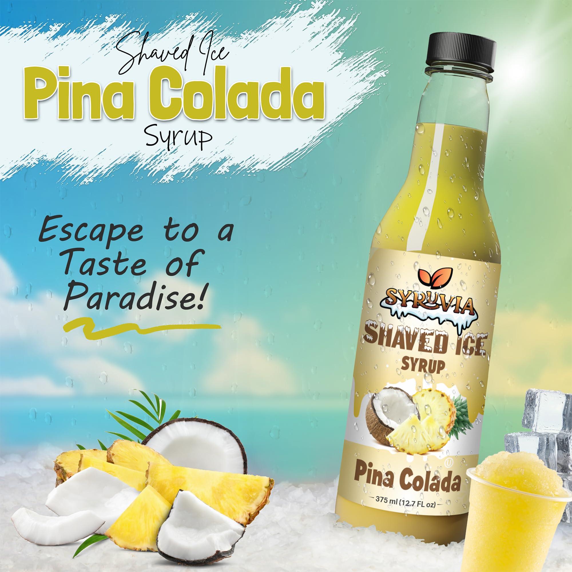 SYRUVIA Syruvia Snow Cone Syrup 12.7oz - Pina Colada Syrup For Shaved Ice, Snow Cones, Slushies, Italian Soda, Popsicles. Kosher, Dairy Free.