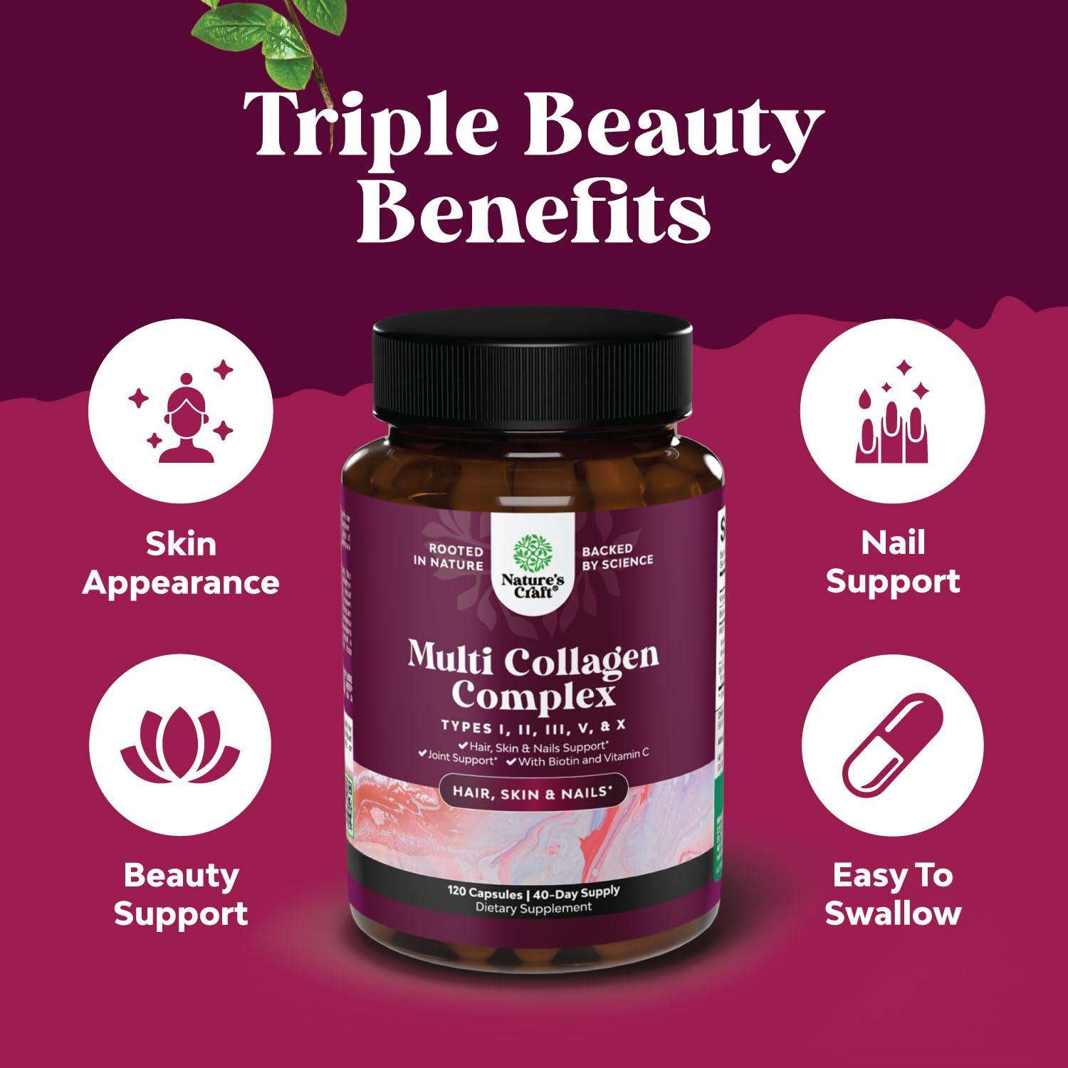 Natures Craft Advanced Multi Collagen Peptides Pills 120ct - Biotin and Collagen Supplement with BioPerine and Hair Skin Nails Vitamins for Women Men - Multi Pills for Women with Types 1 2 3 5 & X