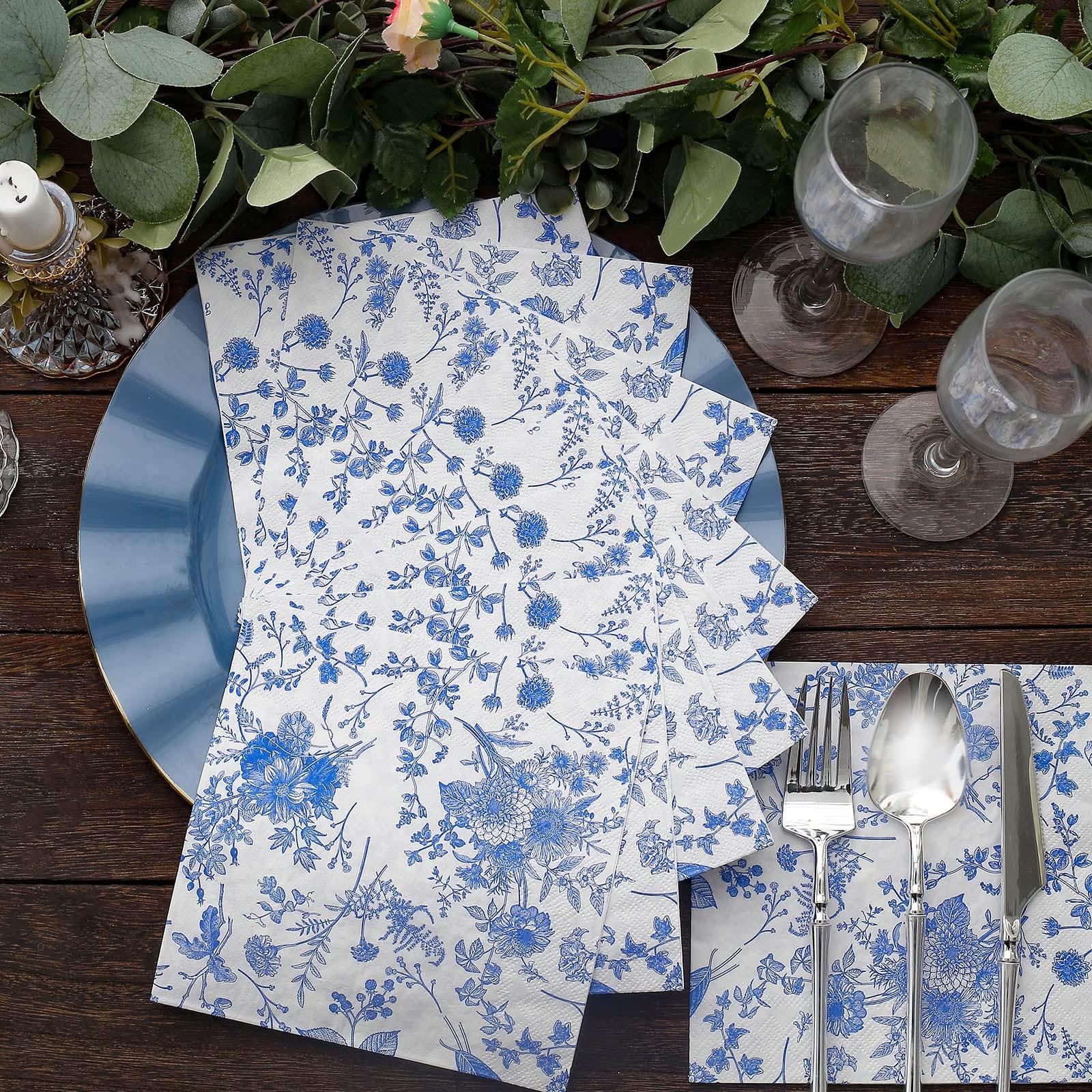 TABLECLOTHSFACTORY.COM Tableclothsfactory 20 Pack | White/Blue Chinoiserie Floral Print 2-Ply Paper Napkins, Disposable Dinner Napkins
