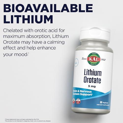KAL KAL Lithium Orotate 5mg | Low Serving of Chelated Lithium Orotate for Bioavailability & Mood Support | in Organic Rice Bran Extract Base | 60 VegCaps