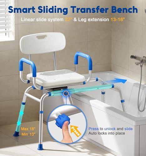 Bluelog Bluelog FSA/HSA Eligible Sliding Shower Chair with Extra-Wide 360 Swivel Seat, 330lbs Tub Transfer Bench, Non-Slip & Padded Arms, Adjustable Height for Elderly & Disabled Inside Shower, Rectangular
