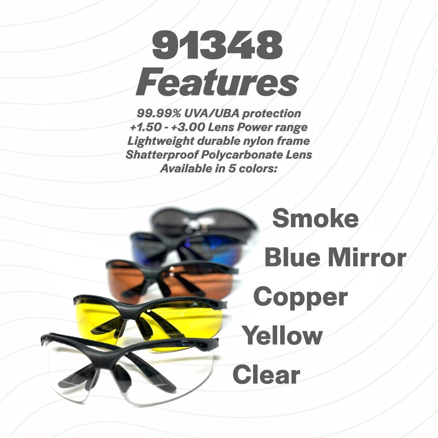 Calabria Calabria 91348 3 Pack Bulk Bifocal Reading Safety Glasses +2.50 Blue Mirror Men Women Wraparound Eye Protection Shatterproof