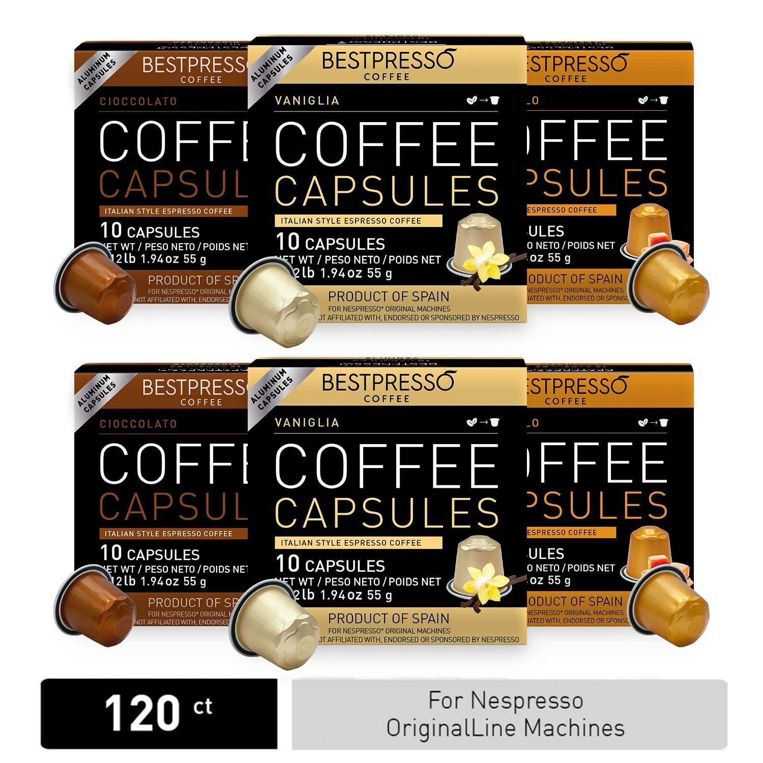 Bestpresso Bestpresso Coffee for Nespresso Original Machine 120 Aluminum pods Certified Genuine Espresso Variety Pack Caramel,Vanilla and Chocolate