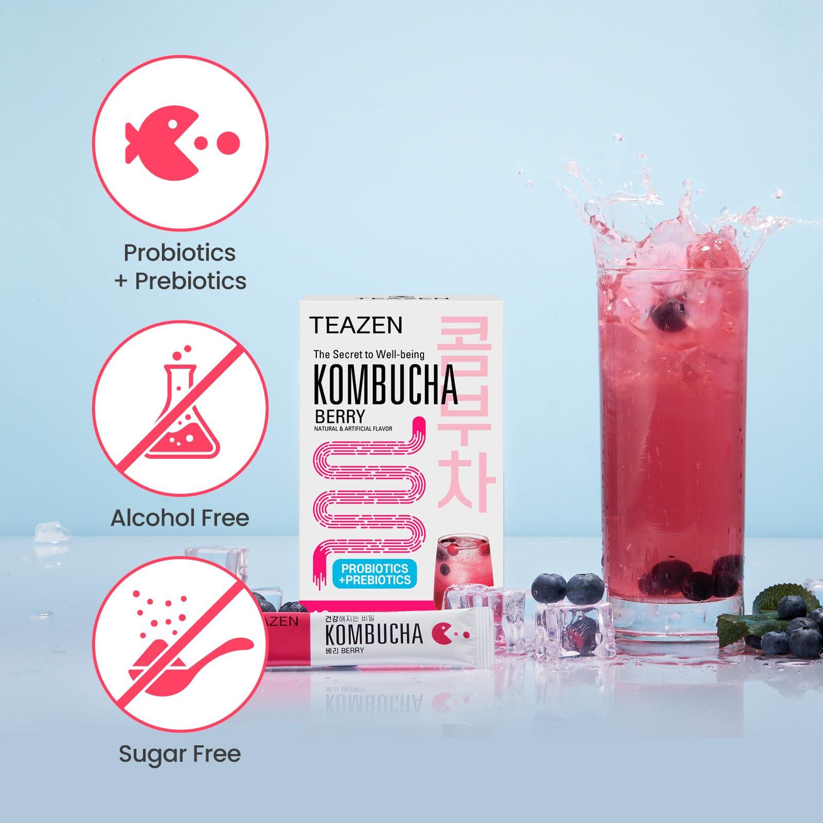 TEAZEN TEAZEN Berry Kombucha Tea, Hydration Drink Mix, Sugar Free, Live Probiotics & Prebiotics, 10 Sticks, 1.76oz