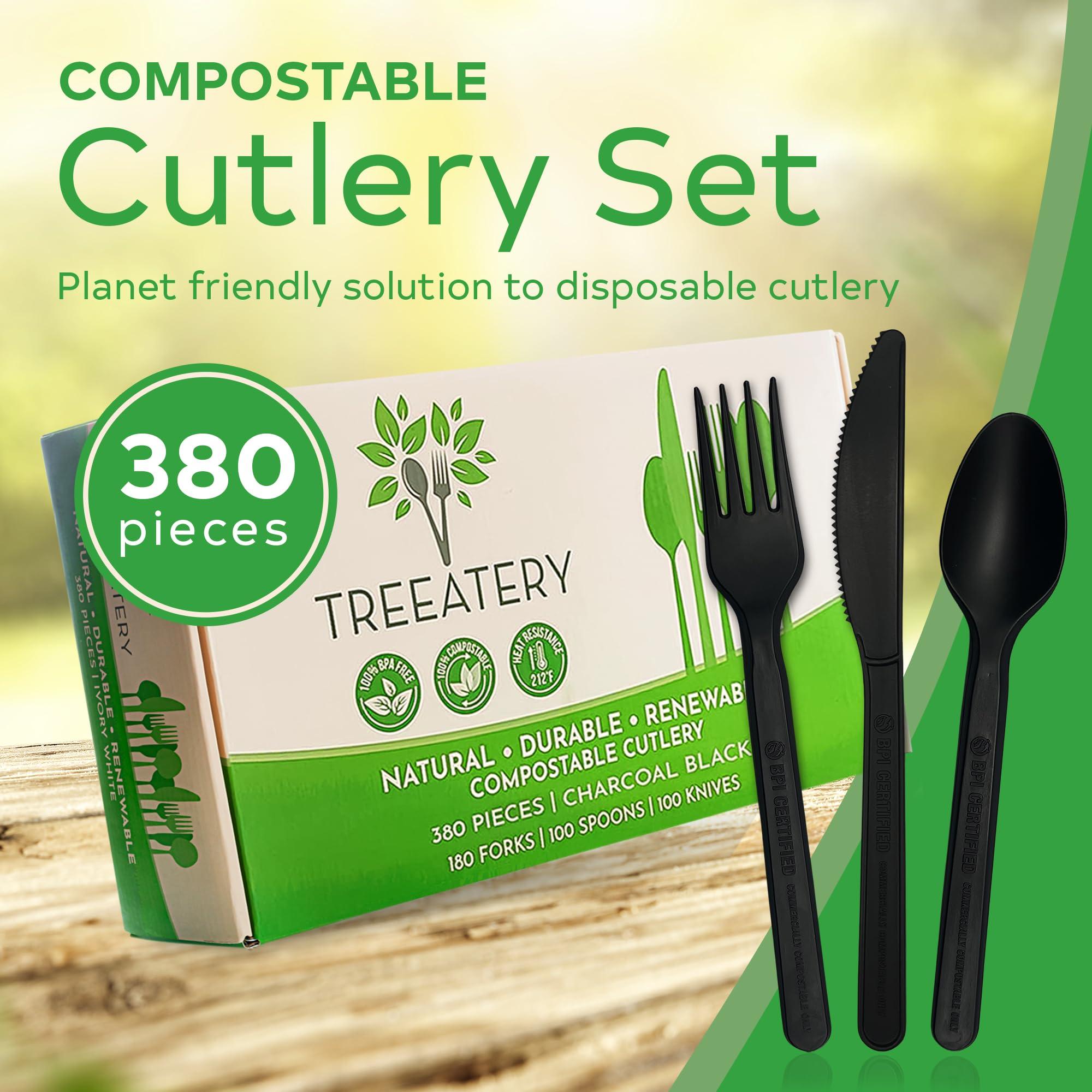 Treeatery Treeatery - Compostable Cutlery Set, Plant-Based Compostable Utensils Disposable, Dishwasher-Safe Compostable Silverware, 380-Piece Disposable Cutlery, Plant a Tree with Every Box, Charcoal Black