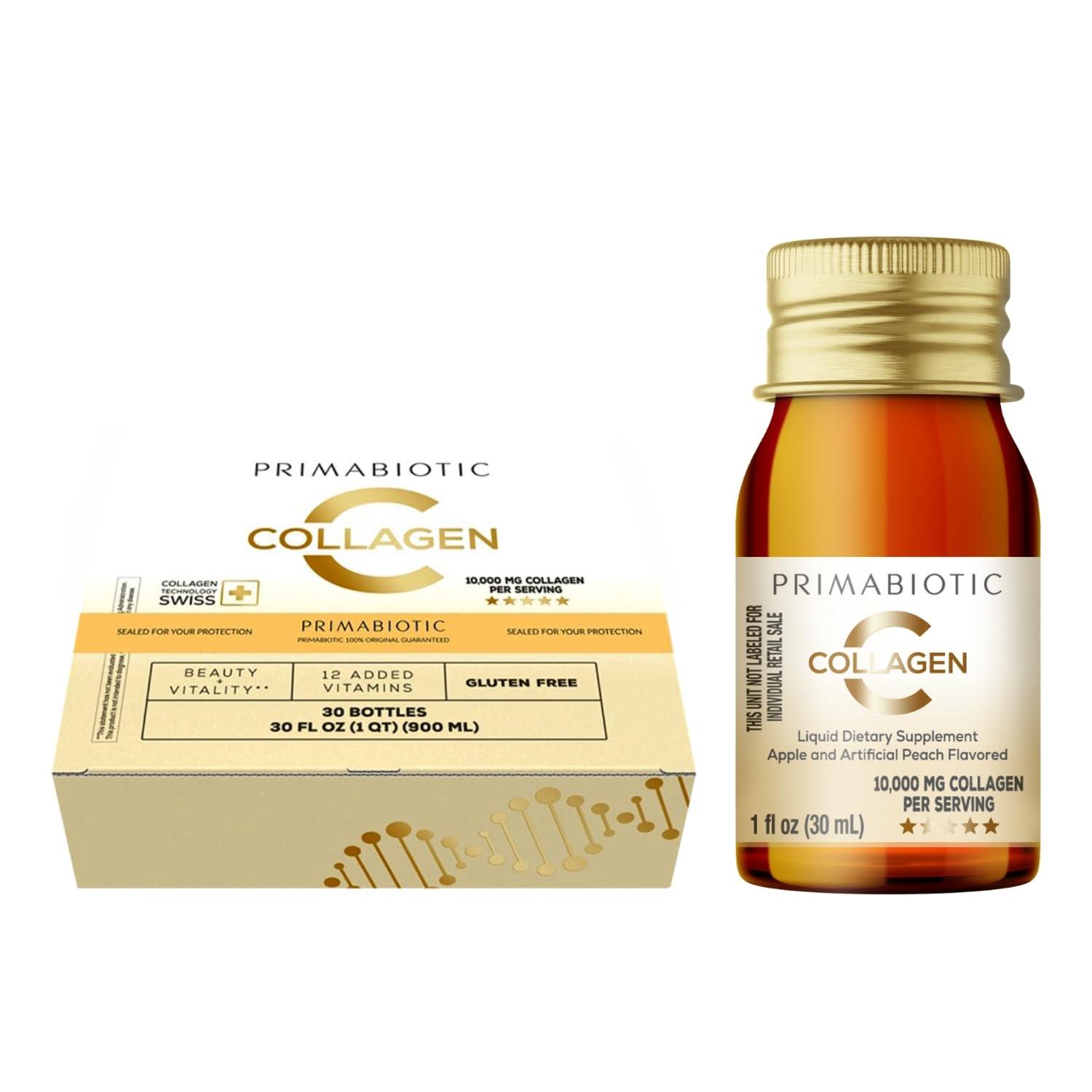 Primabiotic PRIMABIOTIC Liquid Collagen - High Collagen Content [10,000 Mg] Per Serving - Hydrolyzed Collagen and 12 Vitamins - Gluten Free- 900 Ml - Pack of 30 Bottles x 30 Ml