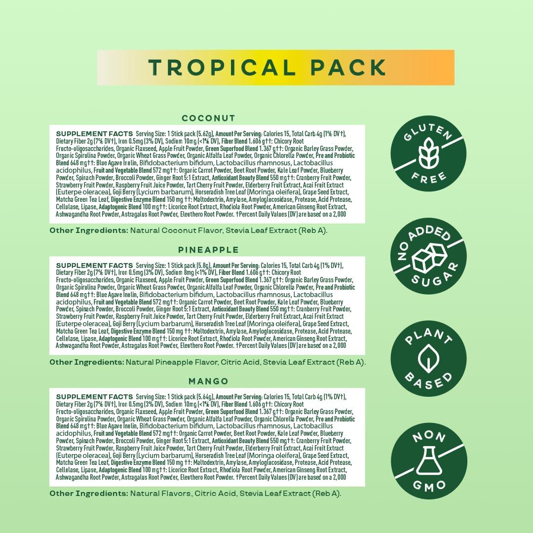 Bloom Nutrition Bloom Nutrition Superfood Greens Powder Stick Packs, Digestive Enzymes with Probiotics and Prebiotics, Gut Health, Bloating Relief for Women, Chlorella, Green Juice Mix, 18 SVG, Tropical Variety