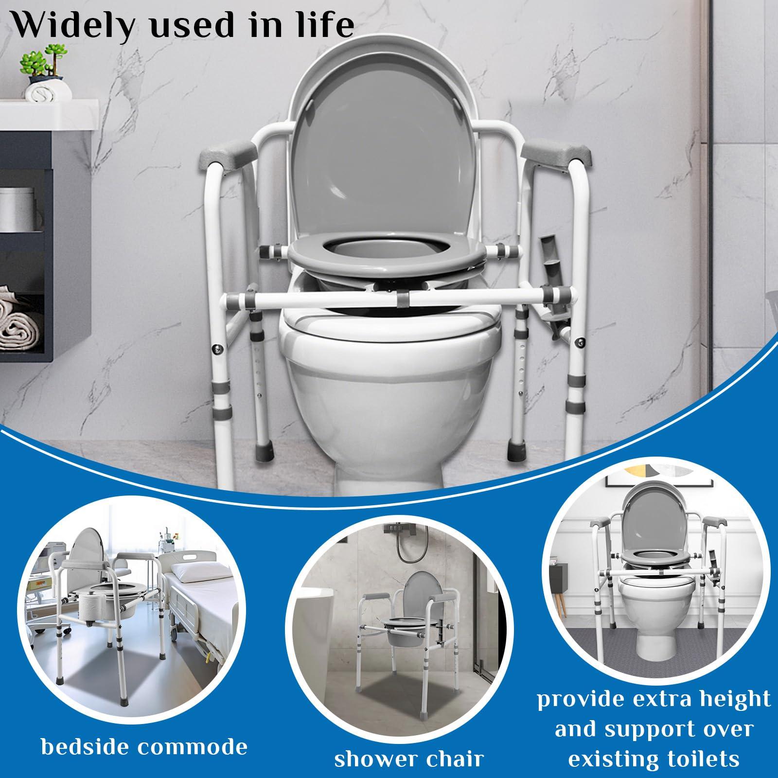 JumboTIGER 3-in-1 Steel Adjustable Bedside Commode,Portable Toilet for Adults 8 Quart,300 lb Weight Capacity Portable Potty,Toilet Seat with Safety Frame, Easy Cleaning, Tool-Free Assembly, Padded Arms,Gray