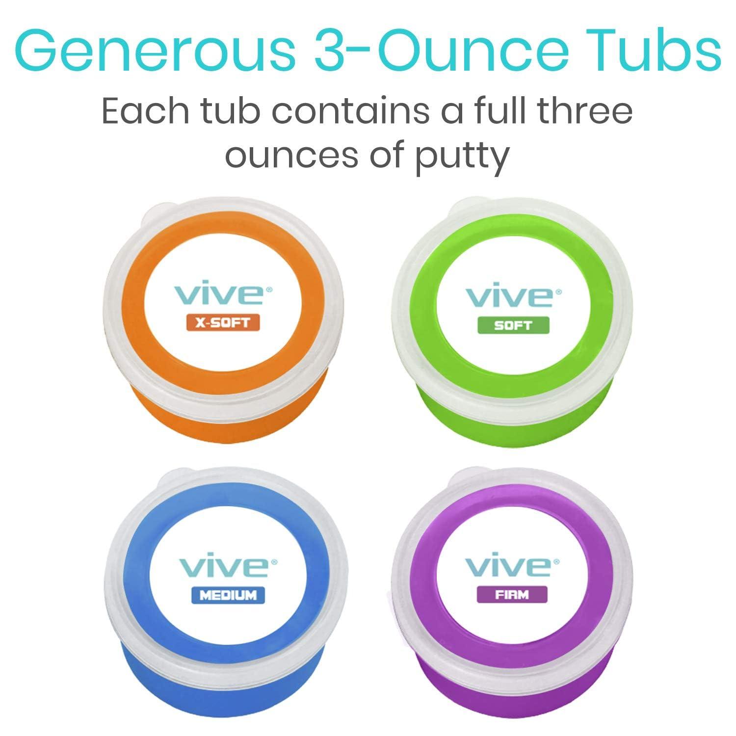 Vive Vive Exercise Putty (4-Pack) - Therapeutic, Occupational and Therapy Tool - Thinking and Stress - Finger, Hand Grip Strength Exercises - Extra Soft, Soft, Medium, Firm Sensory Kit - Squeezable Ball