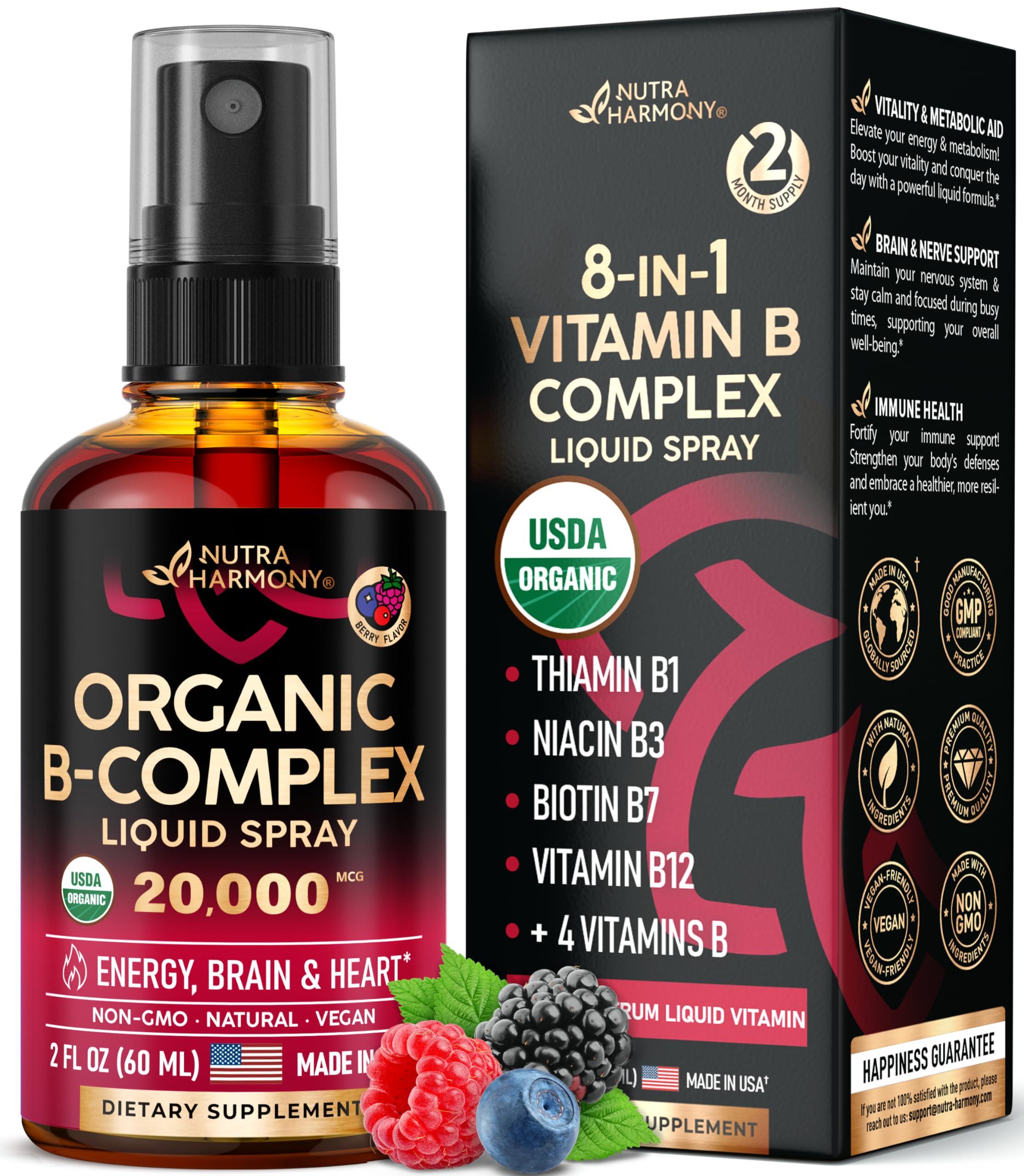 NUTRAHARMONY USDA Organic Vitamin B-Complex Liquid Spray 8-in-1 - B5 Pantothenic Acid | B12 Methylcobalamin | B1 Thiamine | B6 Pyridoxine | B7 Biotin | B9 Folic | B3 Niacinamide - Made in USA Supplement, 2fl oz