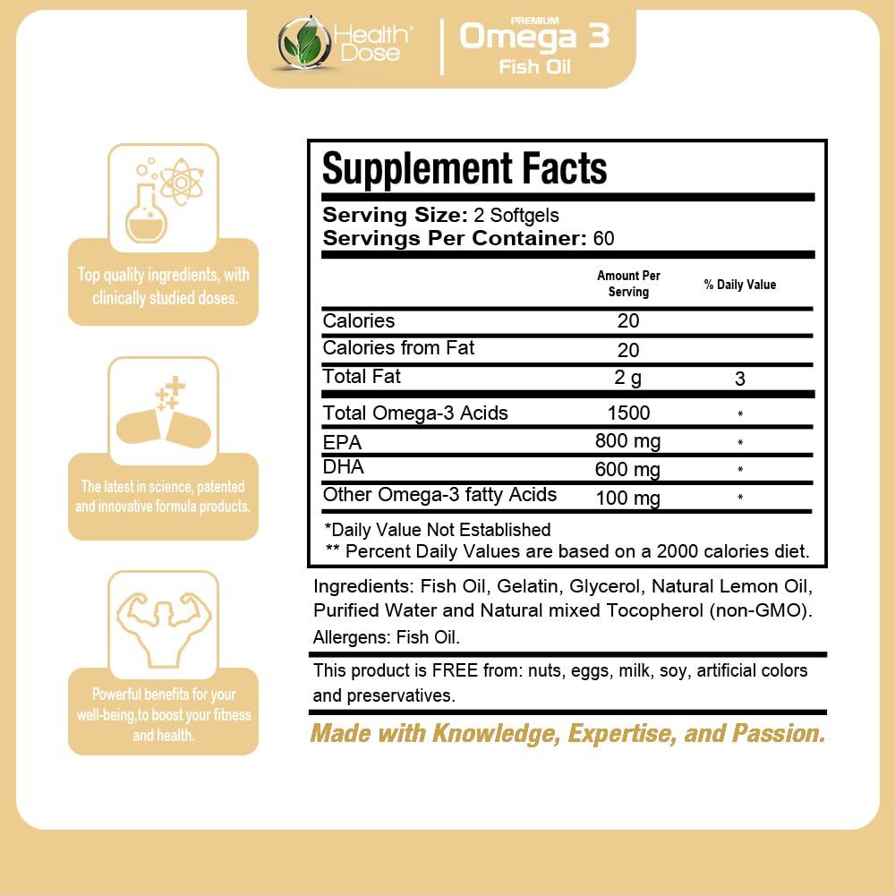 Health Dose Health Dose Omega 3 Fish Oil  Lemon-Flavored Softgels with EPA & DHA for Brain, Heart, and Wellness Support  Easy-to-Digest, No Fish Burps  120 Softgels, 2-Month Supply