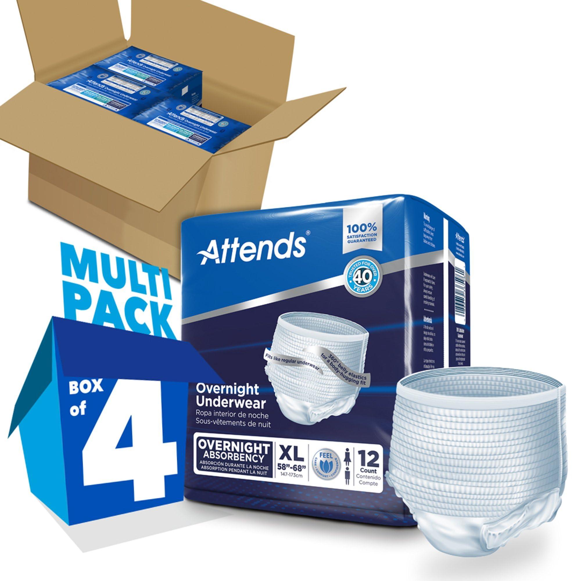 Attends Attends Overnight Underwear for Adult Incontinence Care with ConfidenceCuff™ Protection, Overnight Absorbency, Unisex, X-Large, 12 Count (x4)