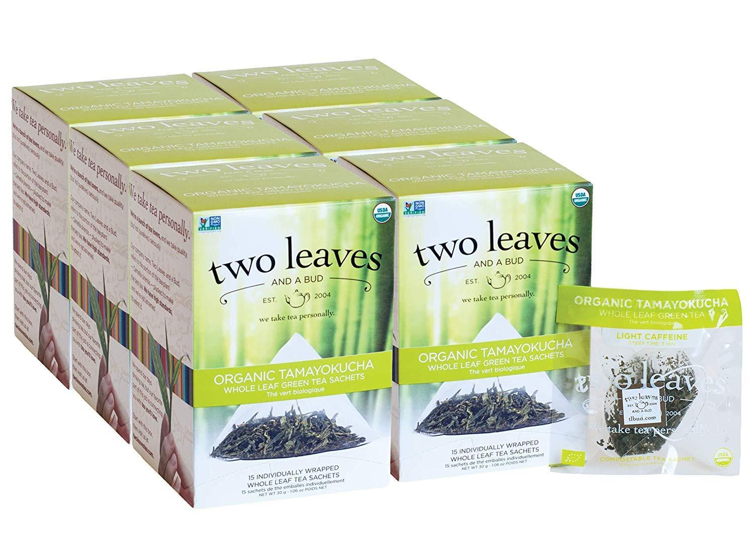 Two Leaves and a Bud Two Leaves and a Bud Organic Tamayokucha Green Tea Bags, Whole Leaf Green Tea in Compostable Sachets, Japanese Green Tea, Light Flavor, 15 Count (Pack of 6)