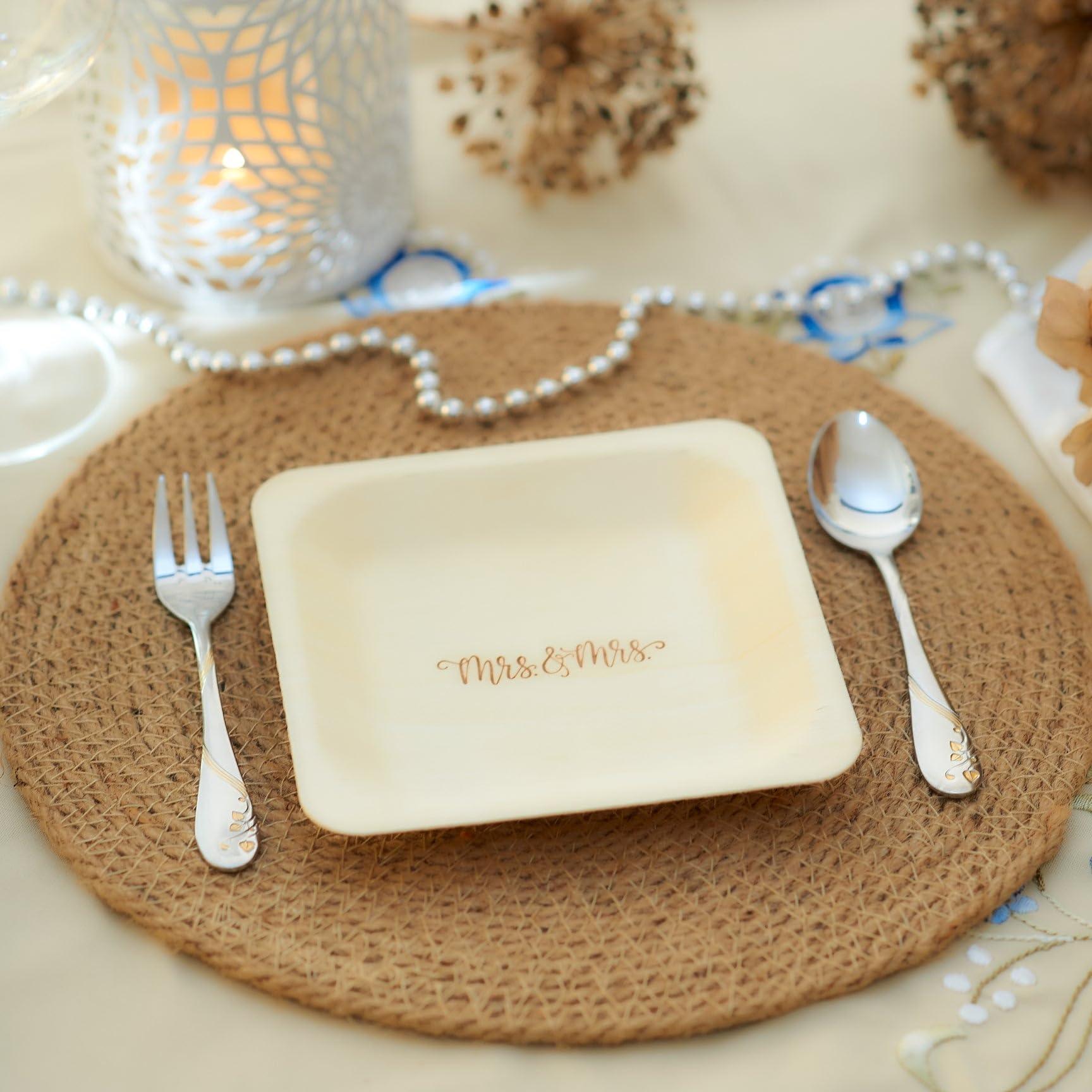 Wood & Wonder Mrs. and Mrs. Disposable Wedding Plates Rustic, Compostable Alternative to Plastic Plates for Wedding Receptions, Engagement Parties, and Rehearsal Dinners (Appetizer, 50-Pack)