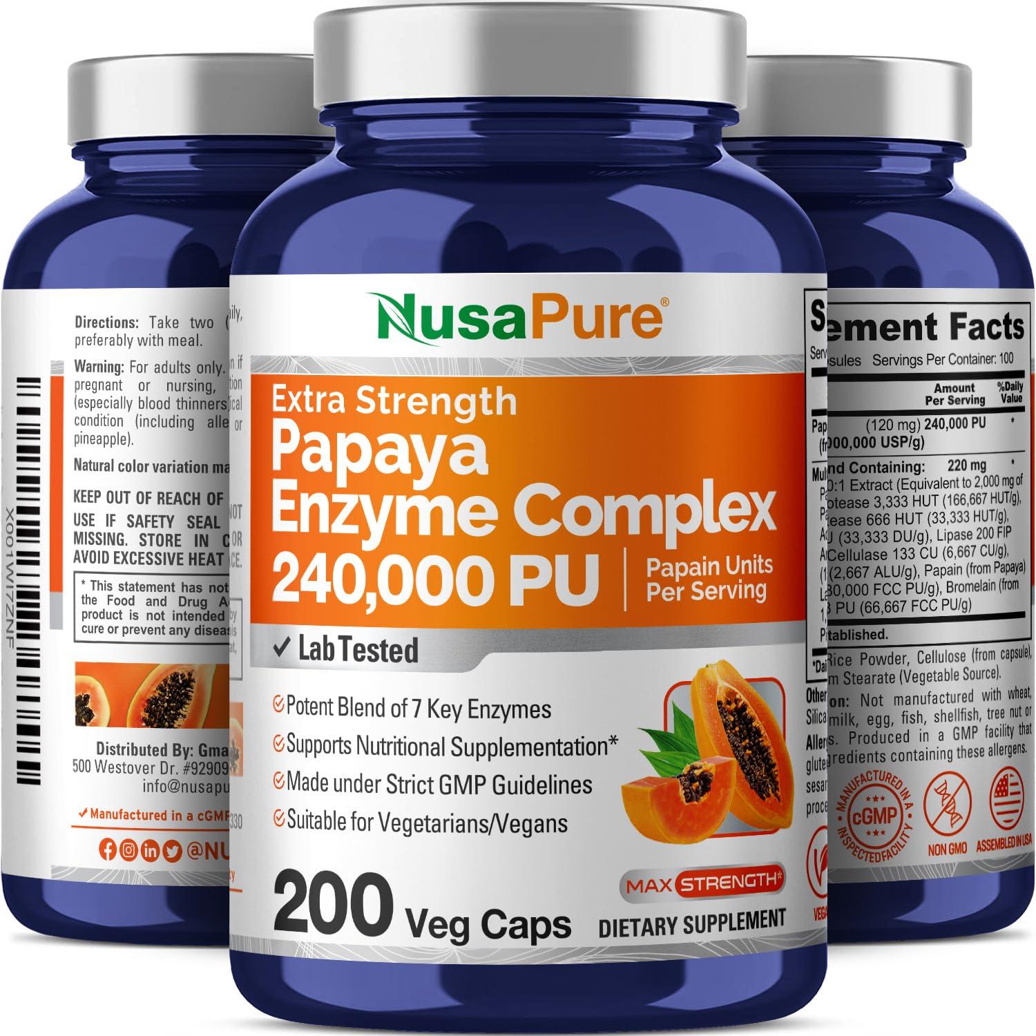 NusaPure NusaPure Papaya Papain Enzyme Complex 240,000 PU - 200 Veggie Caps - 100% Vegetarian, Non-GMO