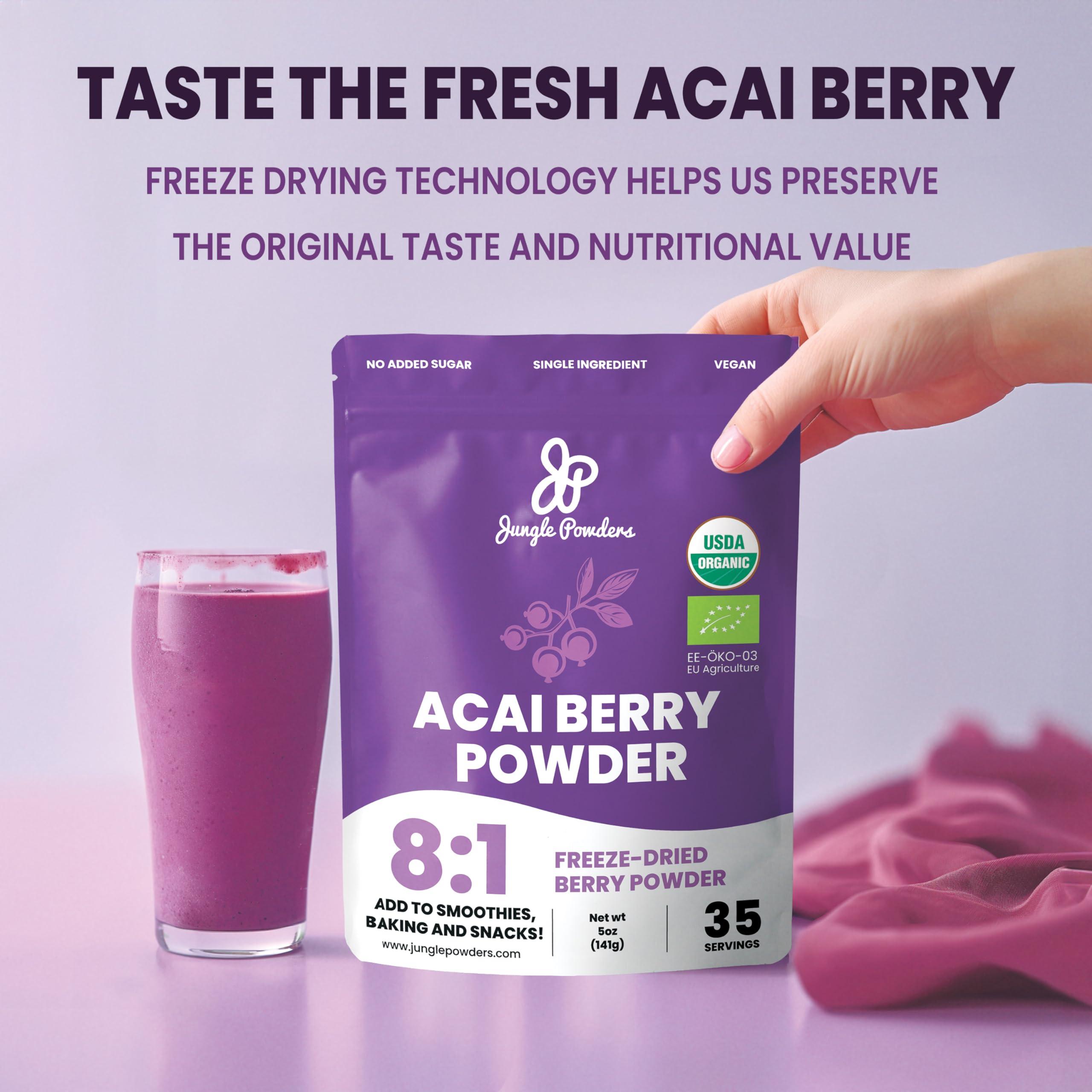 Jungle Powders Organic Acai Powder 5 Ounce Bag Freeze Dried Acai Berry Powder from Whole Berries, Antioxidant-Rich Acai Powder Organic for Smoothie Bowls, Acai Berries Superfood Smoothie Powder