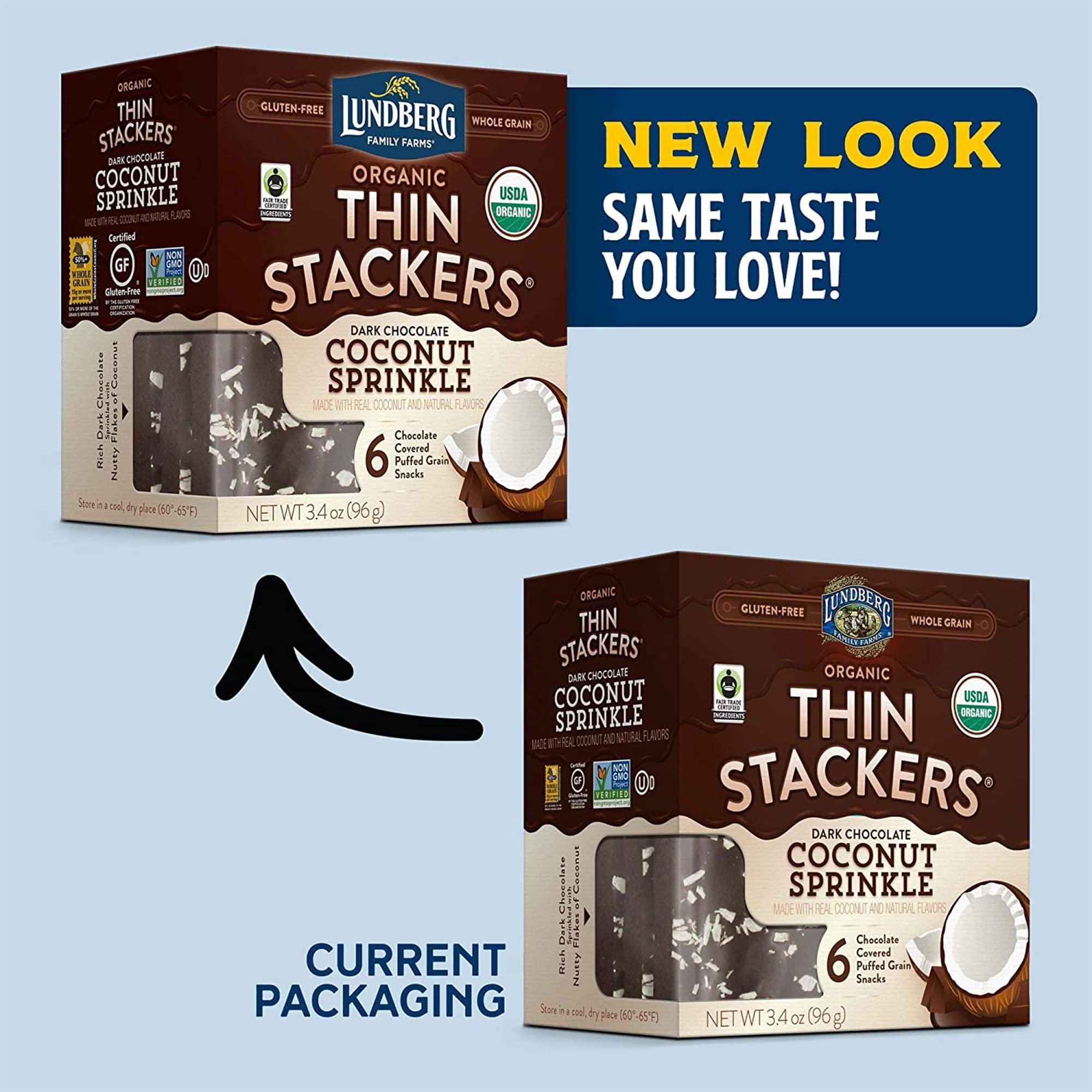 Lundberg Lundberg, Organic Thin Stackers, 3.4 oz (GlutenFree, Whole Grain, Kosher Dairy, USDA Organic, NonGMO Project Verified, Fair Trade Certified Ingredients), Dark Chocolate Coconut Sprinkle, 6 Count