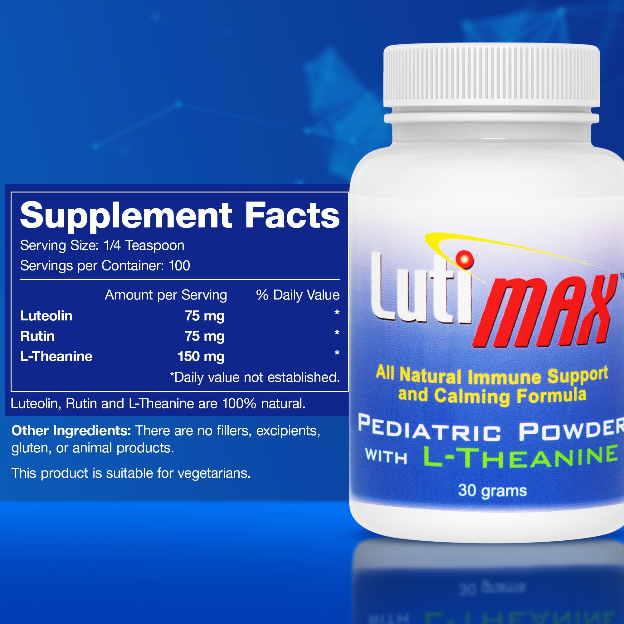 Luti Lutimax Pediatric Powder Brain Supplement with Luteolin, Rutin & LTheanine - Kids Memory, Focus, Muscle & Immune Support Brain Supplement - Nootropic Antioxidants for Brain Health Support 100 Serving
