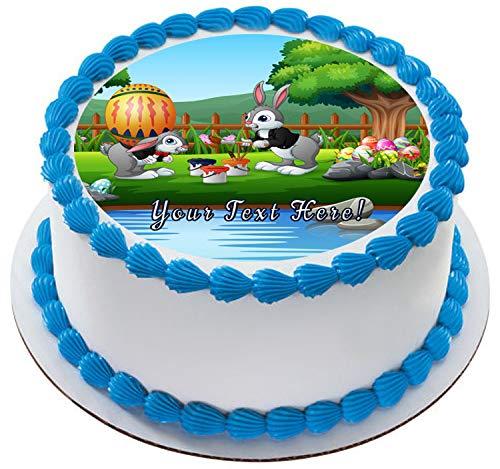 Edible Prints On Cake Happy Bunnies Painting a Large Easter Egg - Edible Cake Topper - 6" round